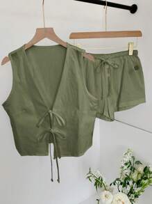 Comfortcana 2 件套夏季橄榄绿系带短款无袖上衣和短裤休闲女装 - 軍綠色 - 查看 5