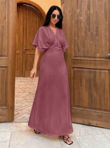 SHEIN Cottnline Women's Solid Color V-Neck Batwing Sleeve Pleated Long Dress, Summer - Dusty Pink - View 7