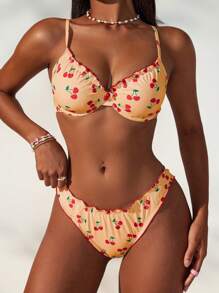 Swim Mod 女士甜美可爱蕾丝花卉樱桃印花泳衣套装 - 橘色 - 查看 5