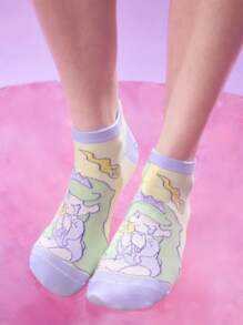 Pop Mart Azura X SHEIN 5 Pairs Cartoon Pattern Fashionable Cute Macaron Color Fantasy Soft And Breathable Moisture-Wicking Women Elastic Ankle Socks, Reinforced Toe And Heel, Suitable For Spring, Summer, Autumn, Winter, Pink & Purple