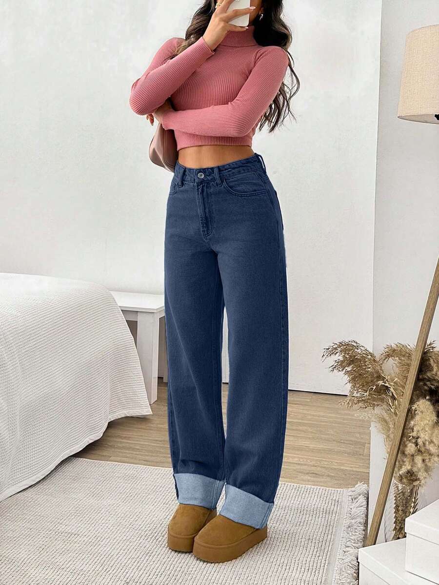 EURMUSE HIGH RISE STRAIGHT FOLDED UP HEM JEAN - Dark Wash - View 1