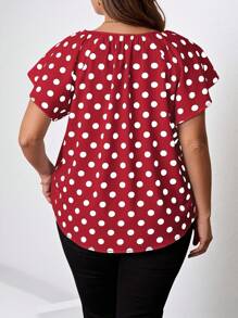 SHEIN Clasi Camicia casual estiva a maniche corte con laccetti davanti a pois, taglie forti - Rosso - Visualizzare 2