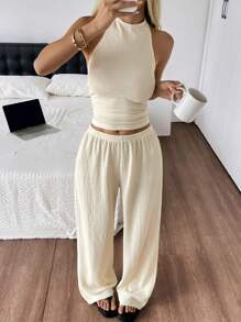 SHEIN EZwear Women's Summer Halter Neck Sleeveless Top And Trousers Set, Knitted Texture, Suitable For Daily Wear - Apricot - View 1