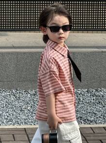 DAZY 男童休闲条纹口袋短袖条纹衬衫，日常穿着 - 粉色 - 查看 5