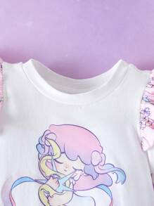 Pop Mart Azura X SHEIN Baby Girl Cartoon Graphic Dreamy White Cute Casual Short Sleeve T-Shirt With Colorblock Tulle Skirt, Princess Style