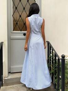 SHEIN Unity 蓝白条纹翻领纽扣前部无袖腰部修身 A 字连衣裙，办公室女士优雅日常街头休闲夏季女装 - 藍色 - 查看 2