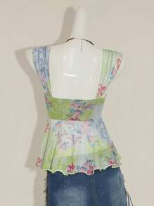 SHEIN ICON 女式复古印花网眼不对称下摆无袖上衣 - 綠色 - 查看 2