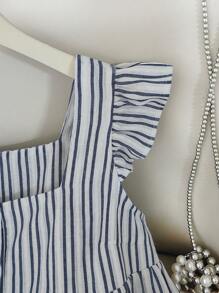 INAWLY 新款时尚条纹插肩袖方领休闲短袖女式上衣 - 藏蓝色 - 查看 4