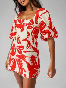 MISSGUIDED Floral Linen Feel Mini Dress Square Neck Puff Sleeve Aline Summer Spring Garden Party Resort Wear - Cherry Red - View 6