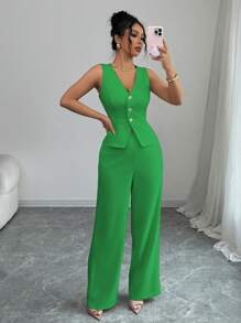 SHEIN Tall 1 conjunto de chaleco sin mangas y pantalón elegante para mujeres, estilo de negocios y viaje, para el verano - Verde - Ver 5