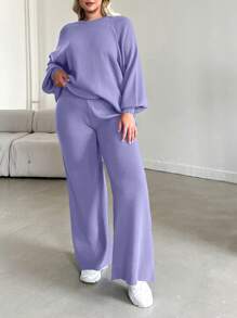 EURMUSE 2pcs Plus Size Solid Color Long Sleeve Sweater Top And Pants Set - Lilac Purple - View 8
