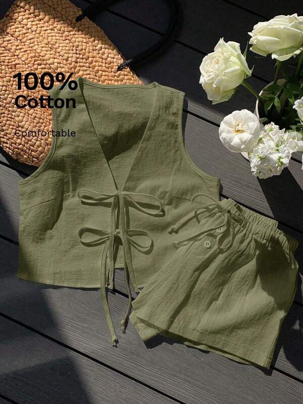 Comfortcana Conjunto casual de 2 piezas con top corto sin mangas con nudo delantero y shorts en color verde oliva de verano para mujer
