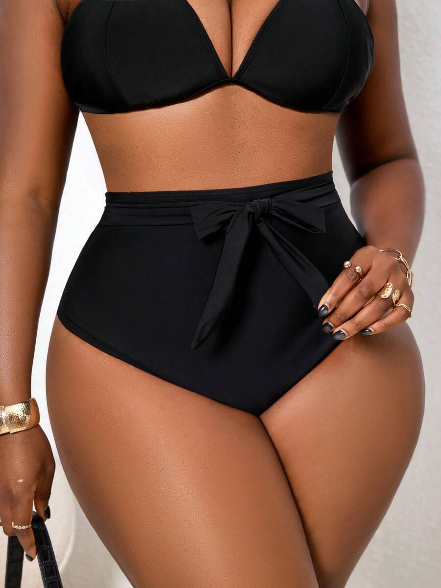 Slaydiva Plus Size High Waist Pleated Black Swim Shorts, Casual Bikini For Vacation For Summer - Black - View 1