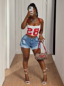 Slaydiva 女式蓝色破洞毛边休闲牛仔短裤，夏季款式 - 藍色 - 查看 6