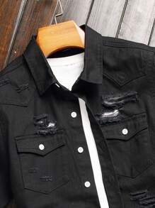 Manfinity LEGND Plus Size Men's Ripped Short Sleeve Single Breasted Casual Denim Shirt, Summer