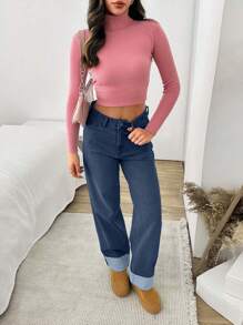 EURMUSE HIGH RISE STRAIGHT FOLDED UP HEM JEAN - Dark Wash - View 6