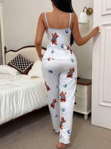 Eraneu 2pcs Women Home Casual Printed Ruffle Strap Camisole And Long Pants Sleepwear Set - Multicolor - View 2
