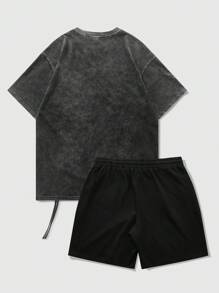 ROMWE MEN Street Life Kaos Lengan Pendek Hitam Gaya Jalanan dengan Tampilan Vintage Usang, Set Patch Bordir Bintang Lima - Hitam - View 2