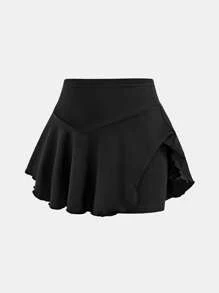 SHEIN Tween Girls' Casual Sport Style Solid Color Mini Skirt - Black - View 5