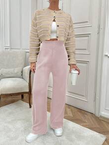 SHEIN Cottnline 女士条纹图案前扣开衫和毛衣裤套装 - 藕粉色 - 查看 4