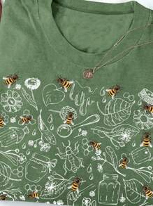 SHEIN EZwear Plus Size Casual Sealed Floral & Plant Print Round Neck Short Sleeve T-Shirt - Army Green - View 4