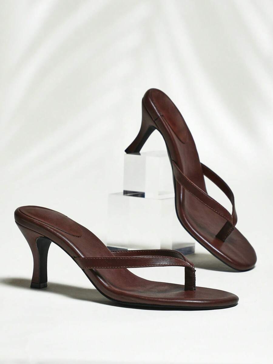 SHUZIA 女士简约漆皮PU人字跟凉鞋 - 棕色 - 查看 1