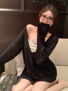 DAZY 女士休闲宽松简约深V领长袖长T恤，夏季 - 黑色 - 查看 7