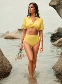 Anewsta Women's Summer Beach Holiday Solid Color High Waist Twist Puff Sleeve Design Swimsuit Set - Yellow - View 4