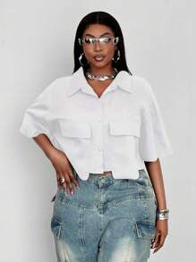 Maweii Camisa de bolsillo corta de unicolor para mujer tallas grandes