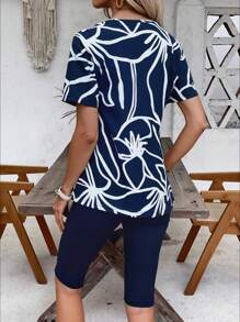 SHEIN LUNE 2件套女士休闲全印花圆领短袖上衣和短裤套装夏季 - 藍色 - 查看 2