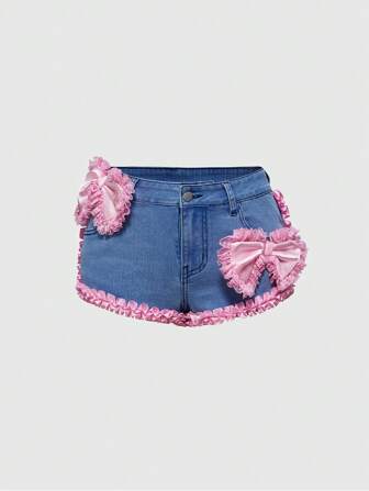 J-Fashion Shorts vaqueros con lazo de encaje estilo Kawaii
