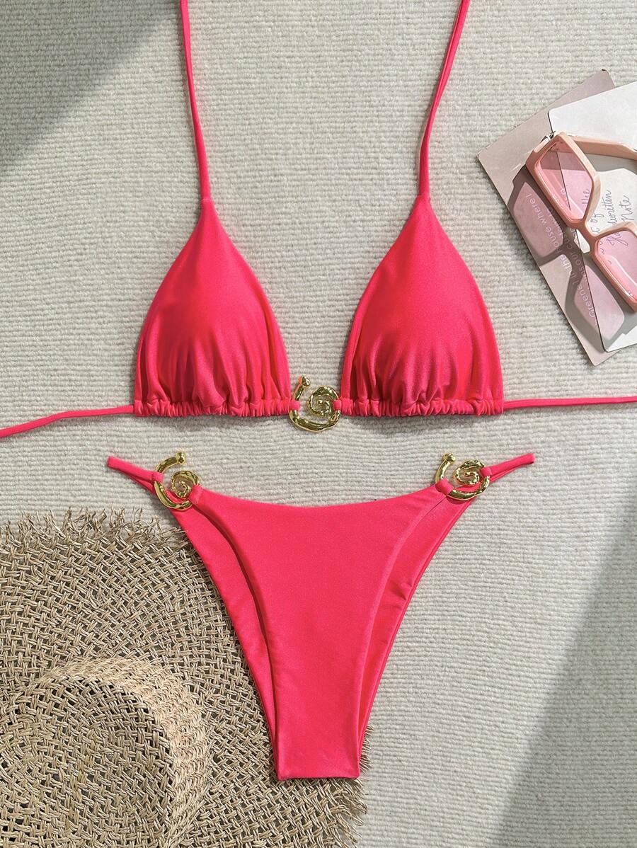 Swim Chiccia Women Beach Summer Solid Color Fashionable And Sexy Bikini Set - Hot Pink - View 1