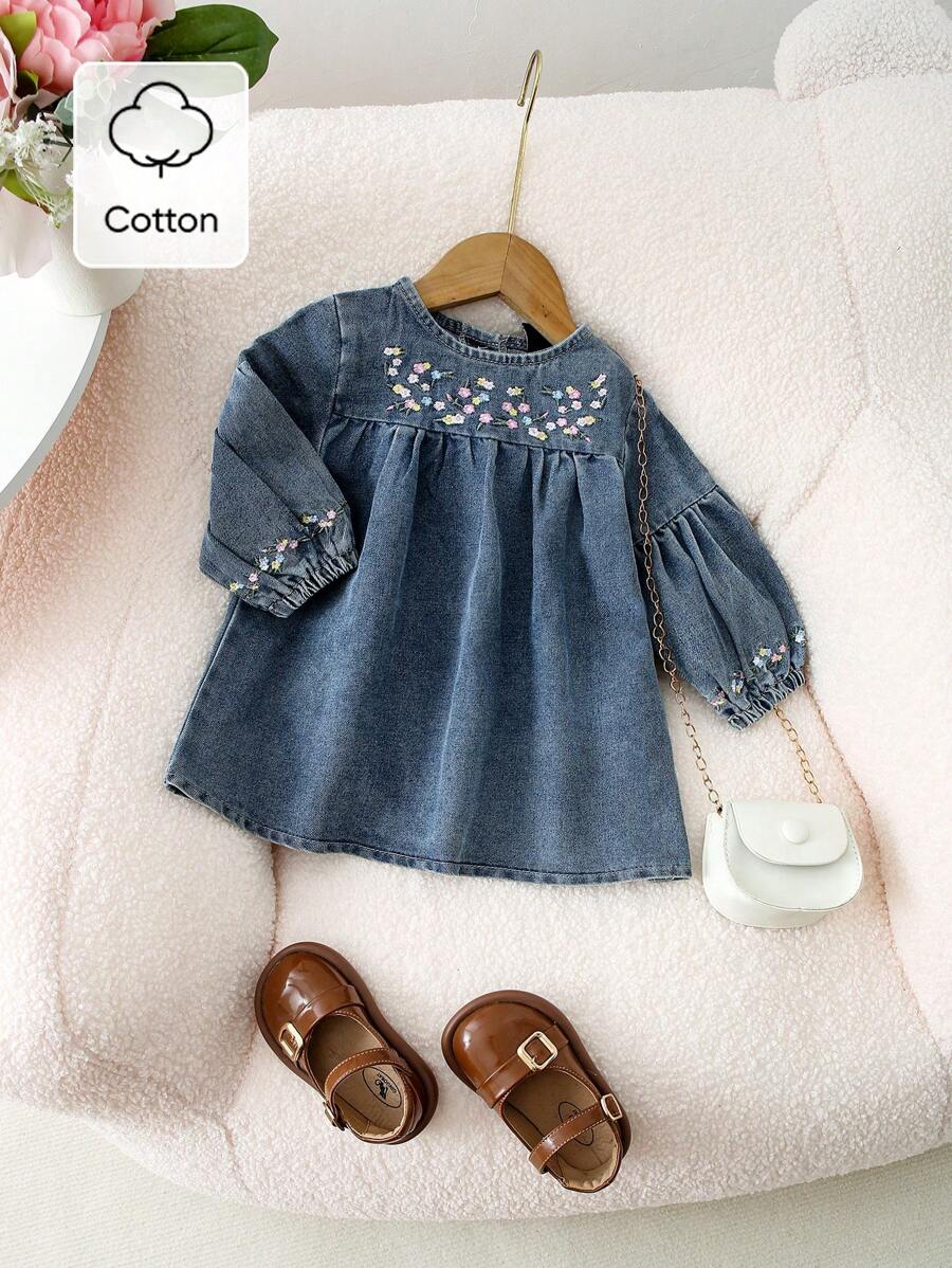 Genkimix Kids Baby Girl Cute Floral Embroidered Loose Comfortable Denim Dress With Ruffle Hem Design - Medium Wash - View 1