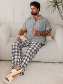 DAZY Spring Solid Color Shirt Matched With Textured Plaid Pants Men's Loungewear Set Pajama - Multicolor - View 6
