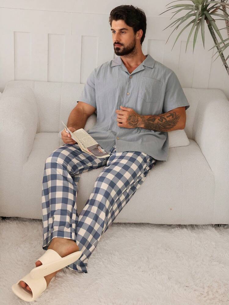 Spring Solid Color Shirt Matched With Textured Plaid Pants Men's Loungewear Set Pajama