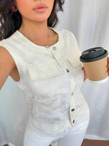 DAZY Women's Crew Neck Lace Trimmed Utility Regular Jacket, Summer Vest