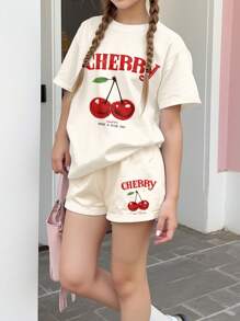 SHEIN EZwear 2pcs/Set Women Casual Cherry Print Design Short Sleeve Top And Shorts Set, Summer Graphic Tee Suitable For Going Out