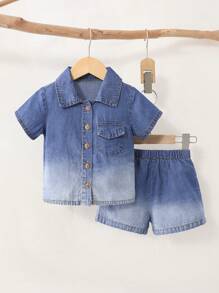 Tenue décontractée pour tout-petits garçons, 2 pièces : chemise en denim lavé doux et short assortis. Style mode mode de rue ample pour les vacances d'été