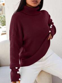 EURMUSE Maglione oversize di colore unito, alla moda per l'estate - Bordò - Visualizzare 3