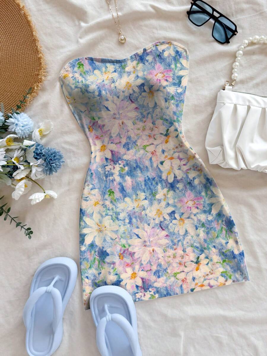 Soleia Vestido mini sin tirantes con estampado floral colorido para mujer
