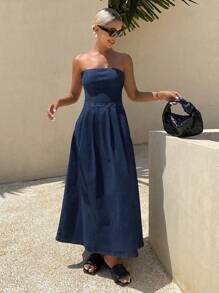 Livesso Women's Vacation Pleated Strapless Casual Denim Dress