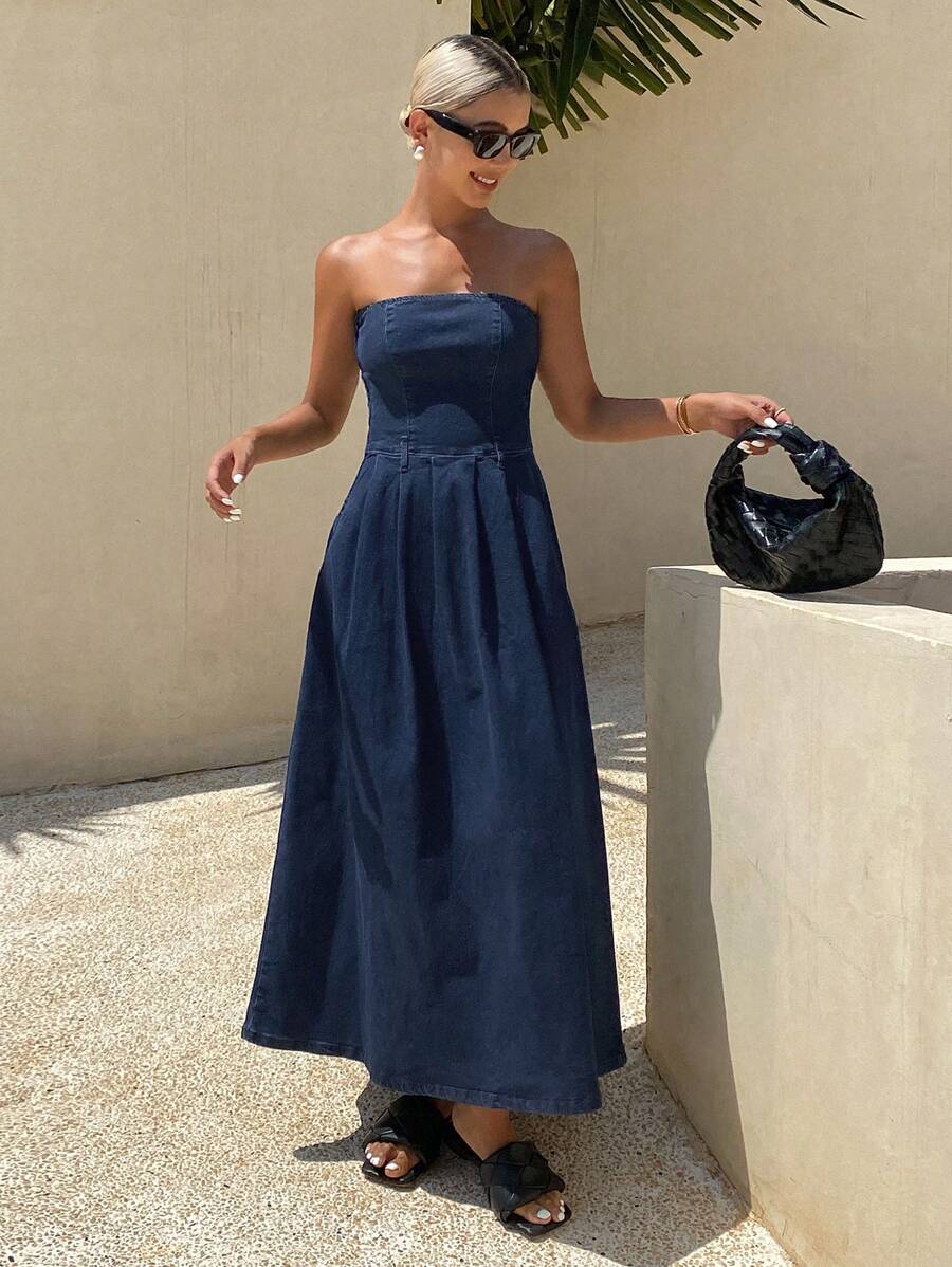 Livesso Women's Vacation Pleated Strapless Casual Denim Dress