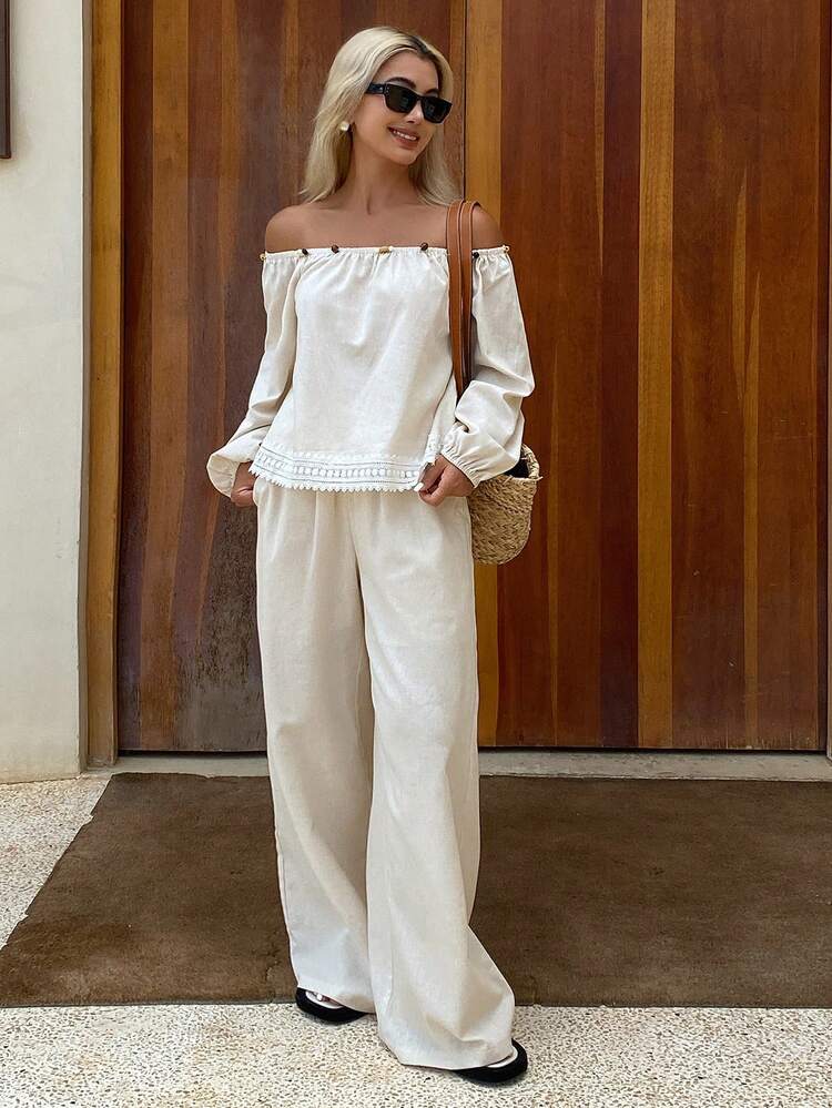 Women's Summer Beaded Off-Shoulder Lace Trim Puff Sleeve Solid Color Loose Wide Leg Pants 2 Pieces Set Linen