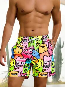 Manfinity Swimmode Men's Casual Cartoon Monster Print Drawstring Waist Side Pocket Beach Shorts, Summer - Multicolor - View 4