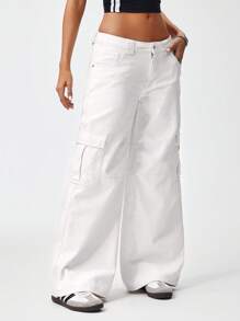 SHEIN EZwear Women's Low Waist Solid Color Pocket Button White Flare Leg Jeans Denim Pants - Apricot - View 4