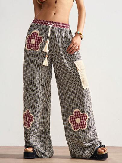 Bohemela Pantalones rectos de cintura baja, de estilo casual y suelto, con estampado a cuadros estilo campo, para el verano