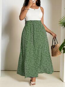 SHEIN PETITE CURVE 大码女式度假碎花侧开衩中长裙 - 綠色 - 查看 3
