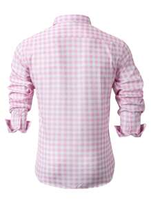 Manfinity Homme Men's Casual Plaid Print Long Sleeve Shirt, Spring/Autumn Men Gingham Shirt Men Casual Shirt Pink Gingham Shirt Men Fashion Shirt Men Button-Down Shirt, For Fall