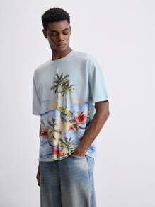 Maija 2025 Sommer Neu Tropischer Regenwald Hawaii Resort Stil Palmenbaum Muster Rundhals Kurzarm Pullover Herren T-Shirt, modern elegant lässig Büro Pendeln Alltagstragen, passend für Hochzeitsgäste, Angestellte, Flughafen, Strandurlaub, Konzert, Party und andere Anlässe