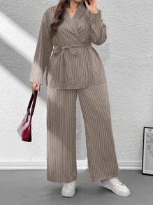 Firerie Plus Size Women's Striped Wrap Elegant & Casual Kimono Blazer Suit Set, Grey Office Commuter Formal 2 Pieces Suit Outfit/Valentine's Day/Concert/Performance Costume/Dating/Senior Banquet/Dance/Wedding Season/Sexy/Elegant/Commuting/Back To School Season/Vacation/Beach/Elegant Romance/Office Enchantress/Siren Style/Birthday Party Outfits Long Sleeve Suit Autumn Four Seasons Jacket & Straight Pants Suit Set/Multi-Piece Set Graduation,Back To School,Teacher Outfits For Women,Fall Women Clothes